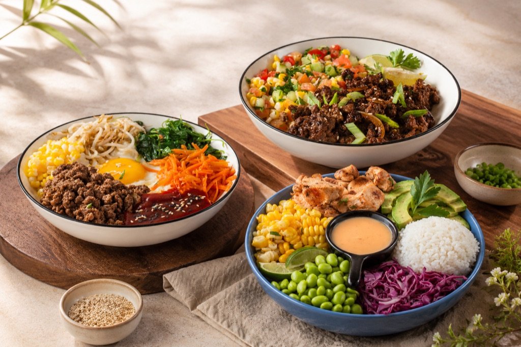 Protein Pals menu with high-protein bowls — Bibimbap, Teriyaki Beef, Poke Bowl